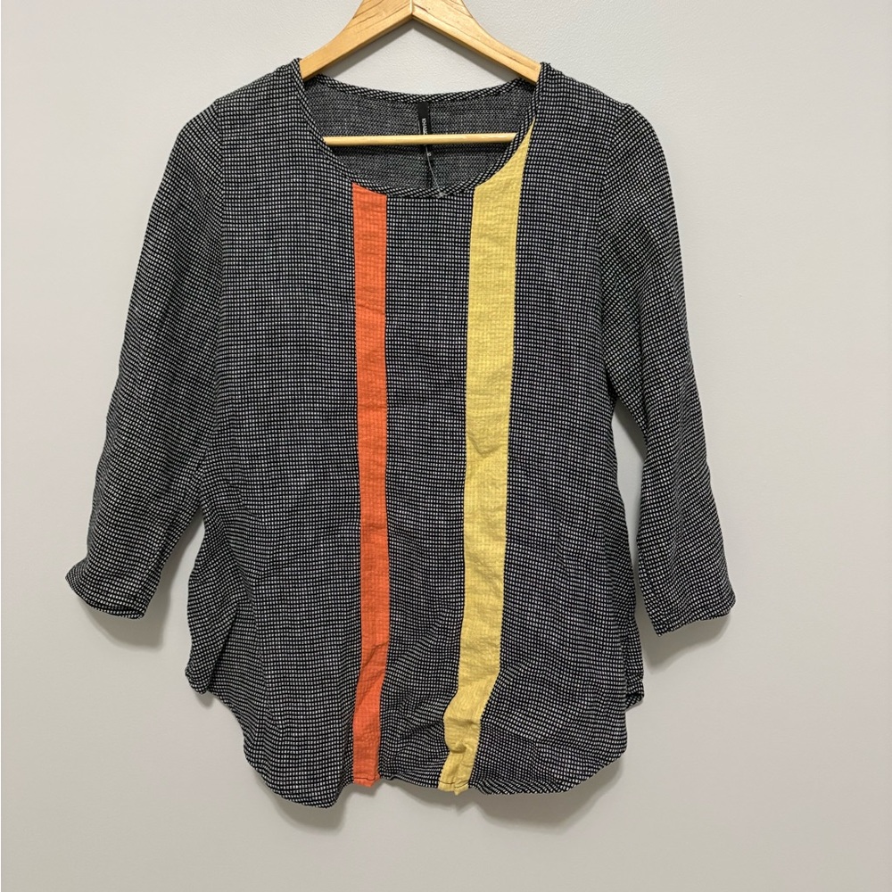 Khangura Boho Artsy Linen Blend Multi Stripe Panel Tunic Black Patterned